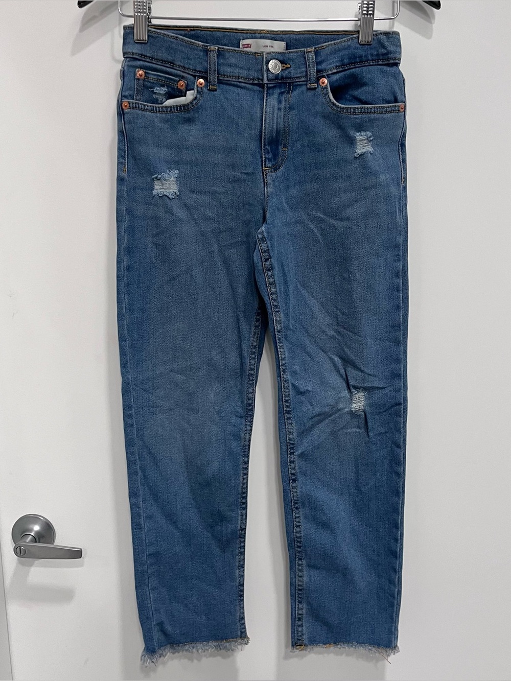Levis Low Pro Straight Jeans Womens 10 Raw Hem Cotton Distressed Blue Denim